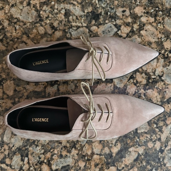 L'AGENCE Elise III Pointed Toe Oxford Flat Shoes Cappuccino Suede - Picture 11 of 13